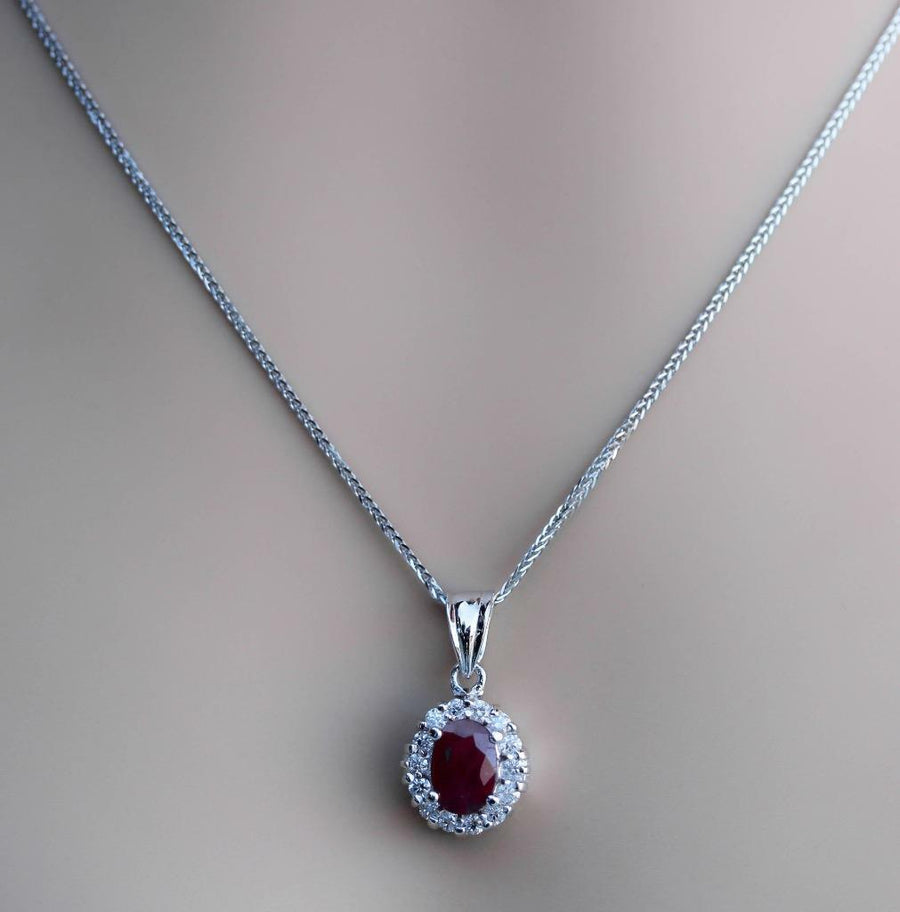 2.05ct Natural Ruby Diamond Pendant Necklace 14k White Gold